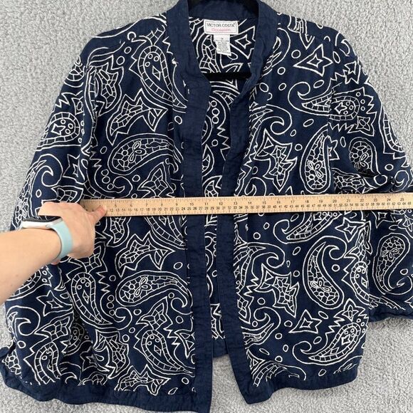 Victor Costa Occasion embroidered Jacket linen paisley Navy Blue White Sz 1X - Picture 4 of 13